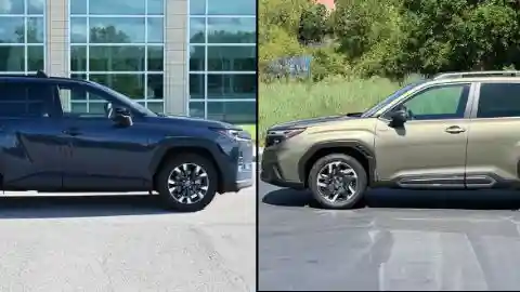 Split image of a dark blue Toyota RAV4 Hybrid parked in front of a glass office building and a green Subaru Forester Hybrid parked in front of green landscaping
