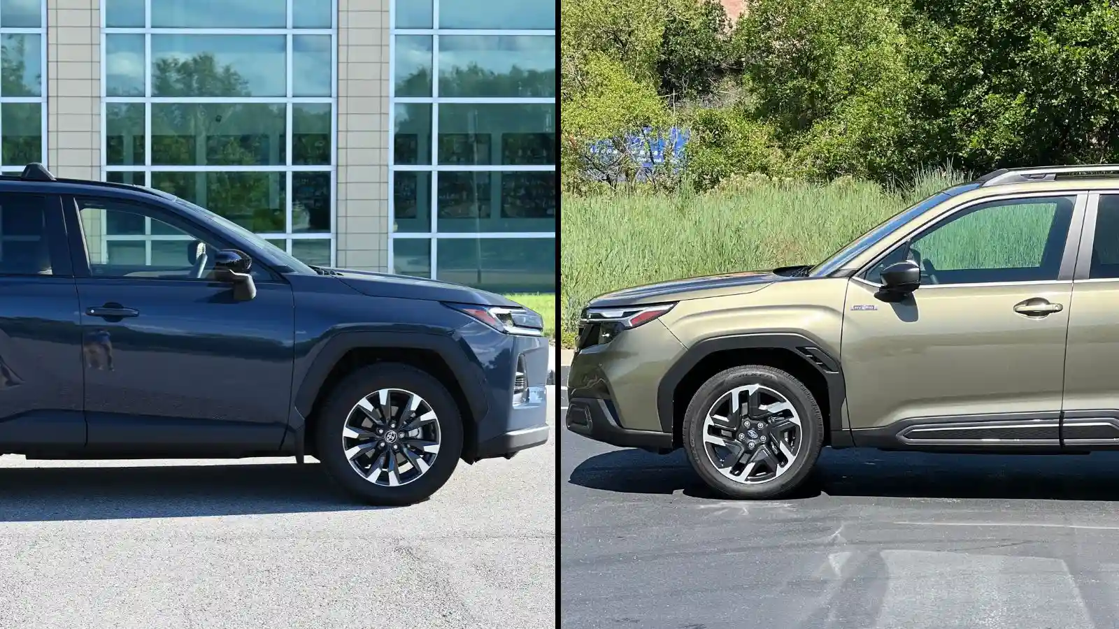 Imagen dividida de un Toyota RAV4 Hybrid azul oscuro aparcado frente a un edificio de oficinas de cristal y un Subaru Forester Hybrid verde aparcado frente a un paisaje verde