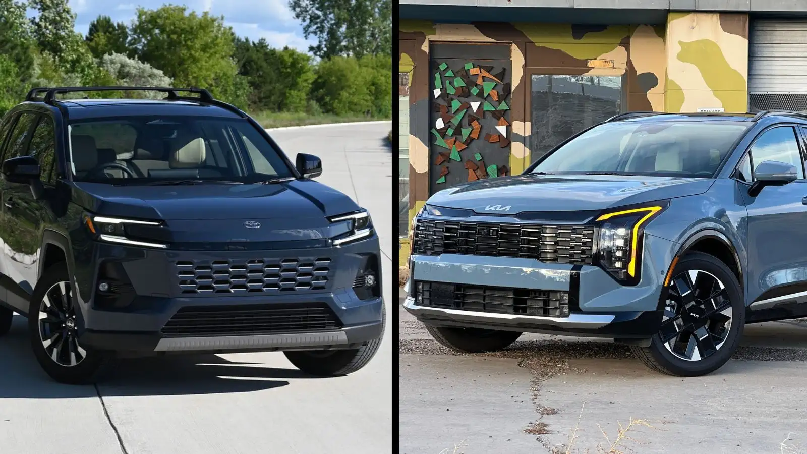 Split image of an dark colored Toyota RAV4 Hybrid on the left and a lighter grey Kia Sportage hybrid on the right