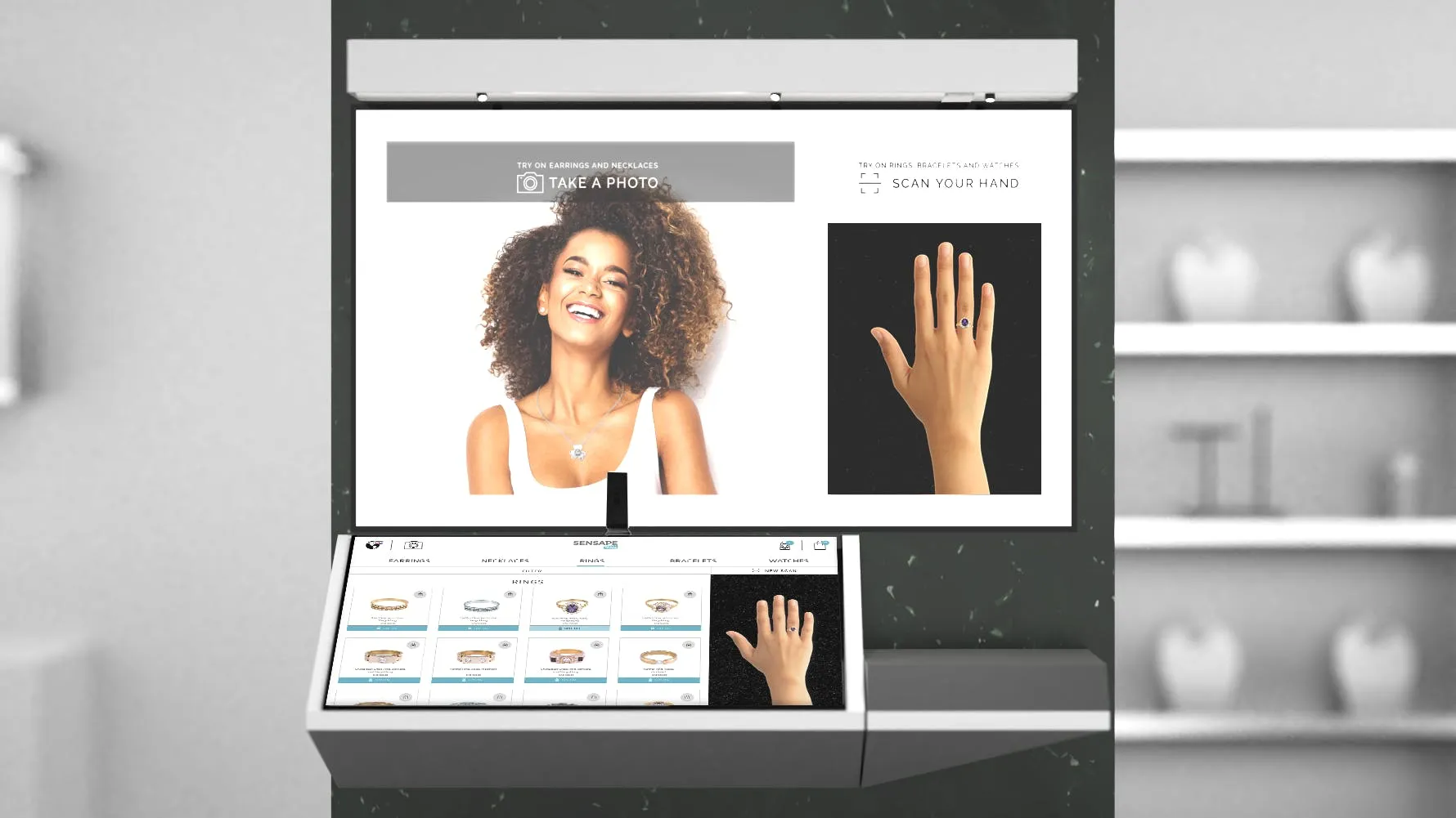 Digital try-on station showing virtual earrings, necklace and a ring on a touchscreen