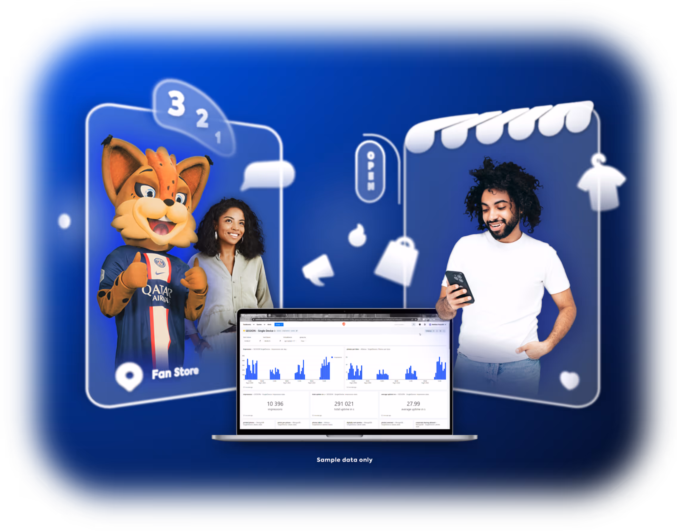 Laptop displaying data analytics graphs with a woman and a sports mascot on one side labelled Fan Store, and a man using a smartphone on the other side, all against a blue background with shopping icons.