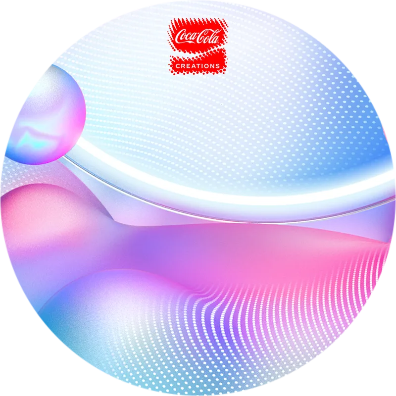 Abstract colorful background with blue and pink gradients, white dotted patterns, and the red Coca-Cola Creations logo at the top centre.