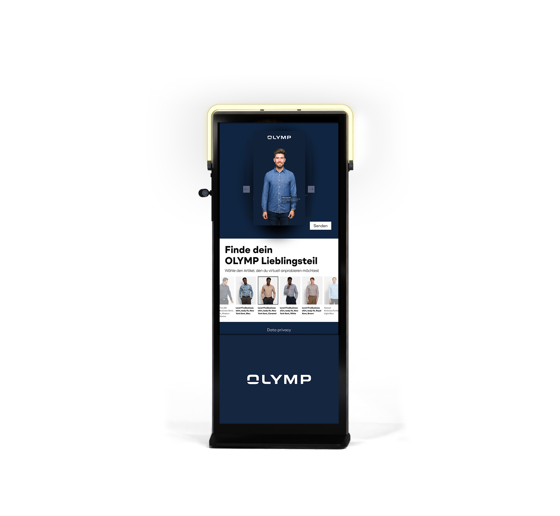 Sensape Virtual Try-On kiosk for OLYMP – interactive fashion mirror showing shirt try-on