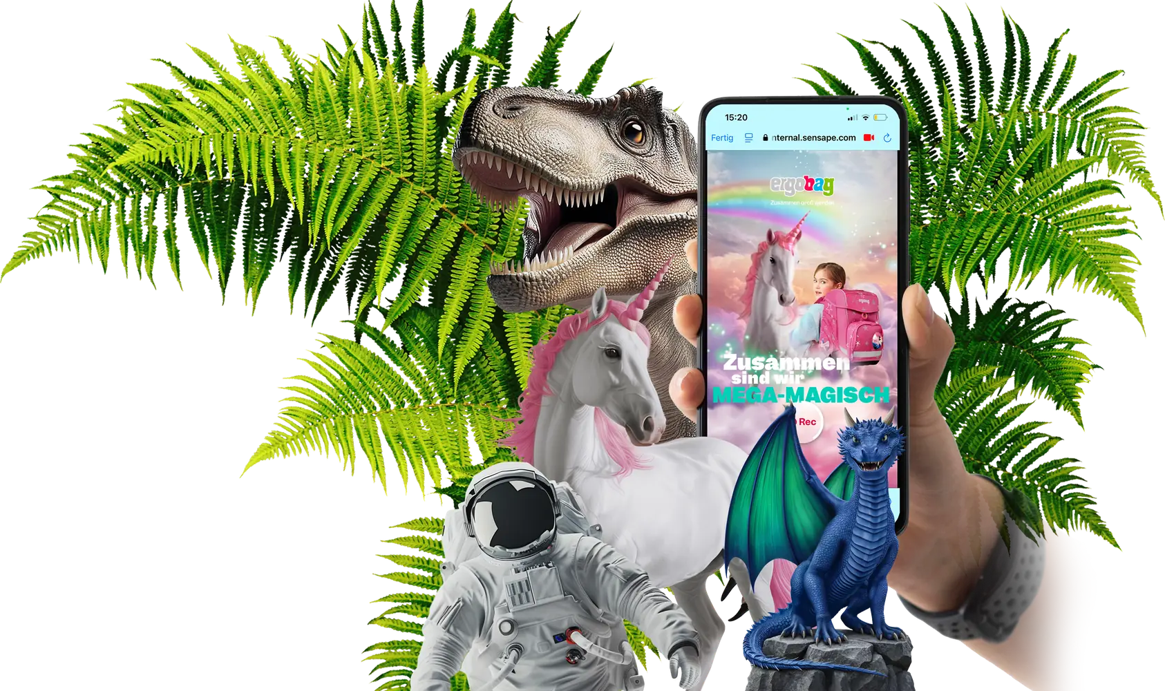 WebAR Erlebnis auf dem Smartphone – Hand mit Handy, T-Rex, Einhorn, Astronaut und Drache