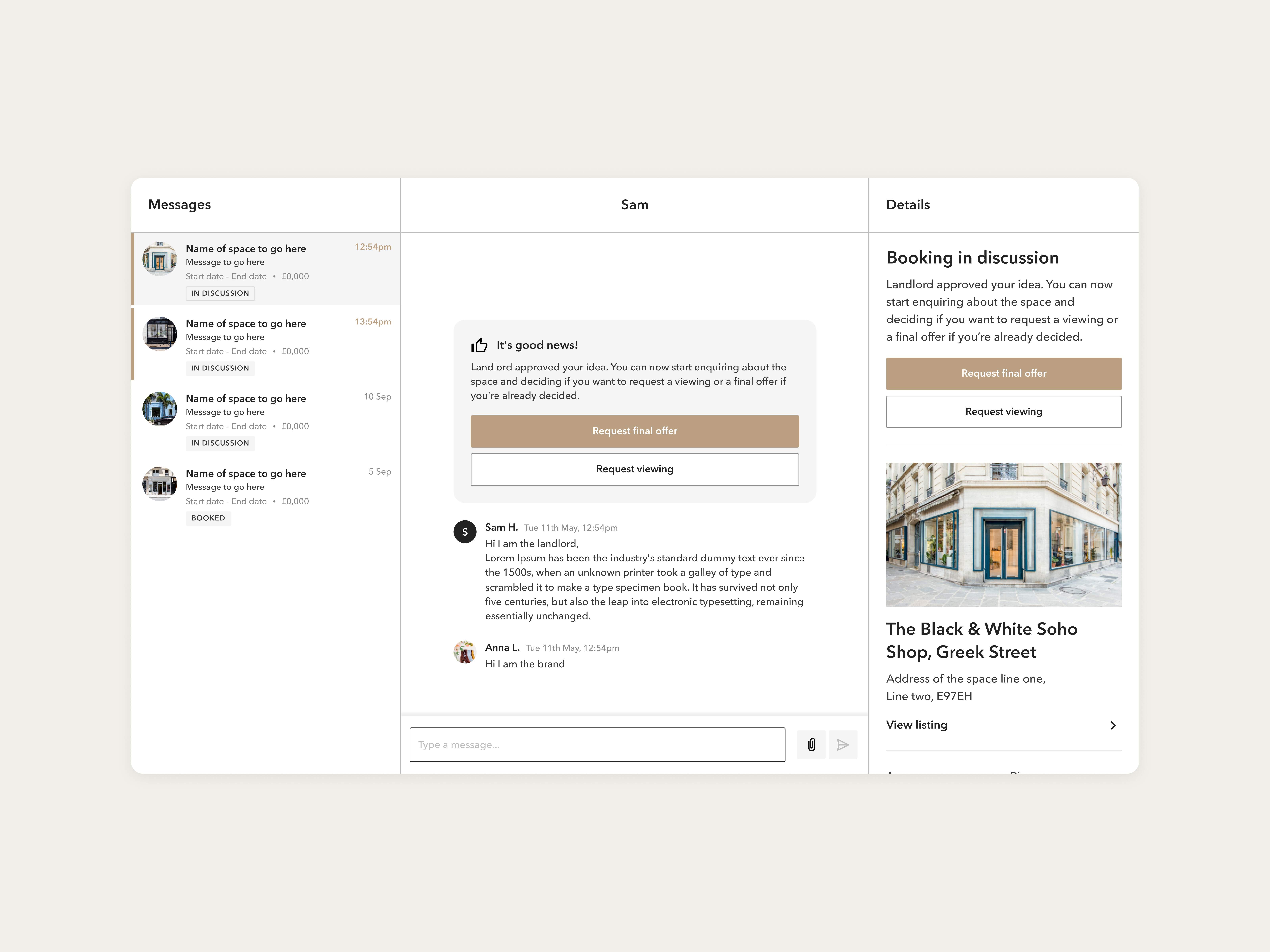UI design of a messages feature