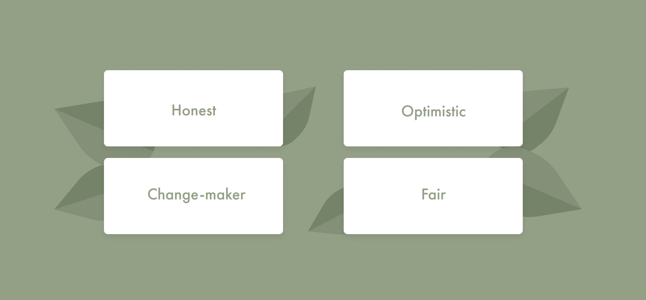 4 brand values: Honest, Optimistic, Change-maker, Fair