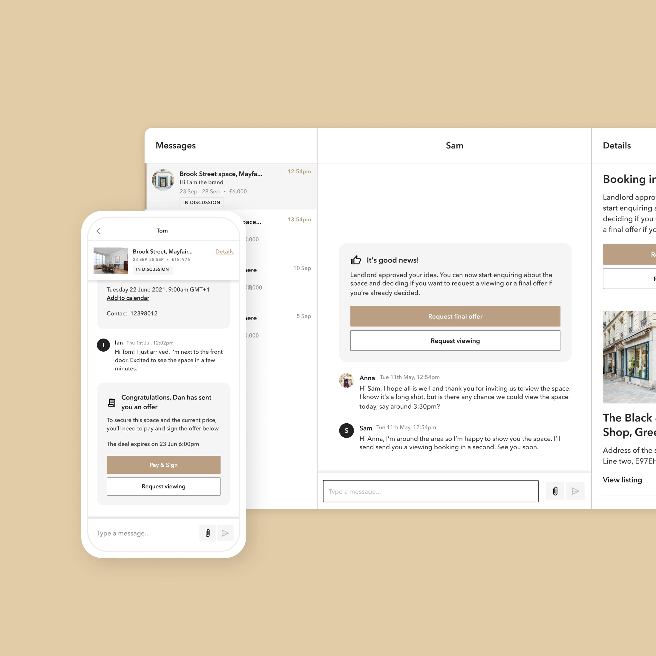 Thumbnail of desktop and mobile final design of the chat messages system to book a space