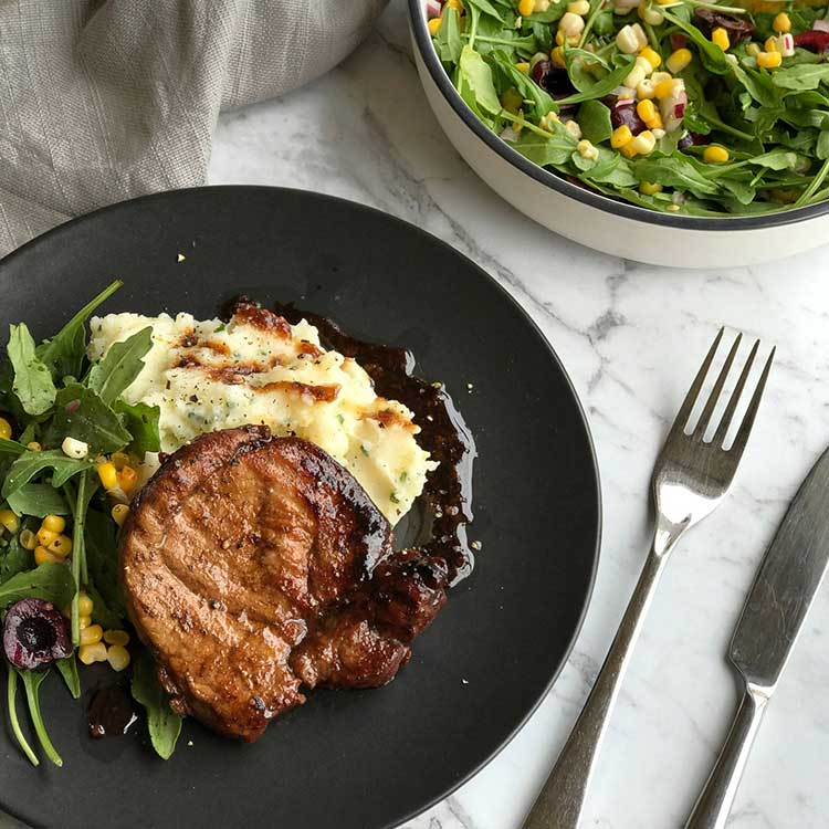 Sticky Honey Pork Steaks with Mashed Potato and Corn Salad | NZ Pork