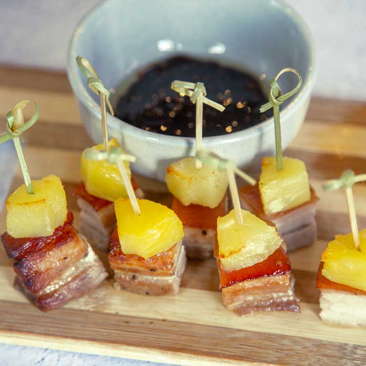 NZ pork belly bites, topped with grilled pineapple | NZ Pork