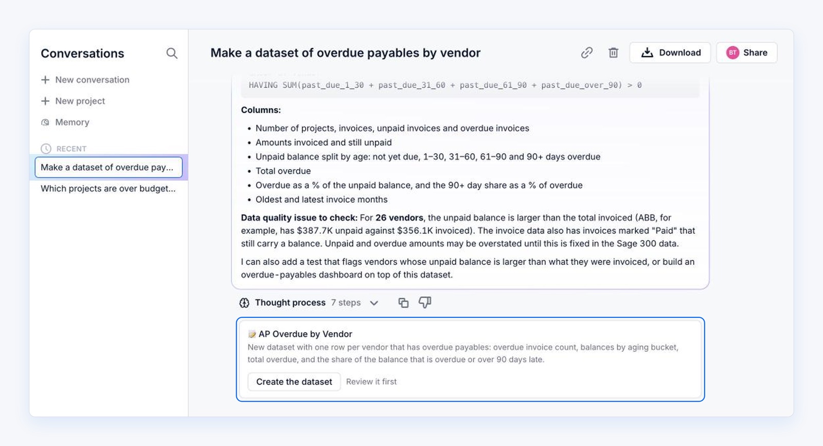 L'assistant IA propose un nouveau jeu de données, « AP Overdue by Vendor », et vous laisse le choix : « Create the dataset » ou « Review it first ».
