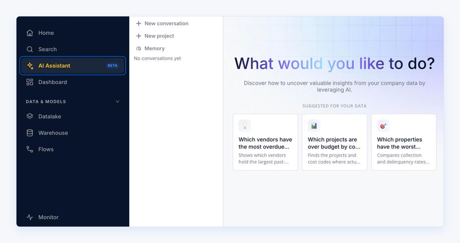 L'assistant IA a sa propre entrée AI Assistant dans la barre latérale, marquée BETA, et s'ouvre sur « What would you like to do? » avec trois questions suggérées à partir des données de l'espace de travail.