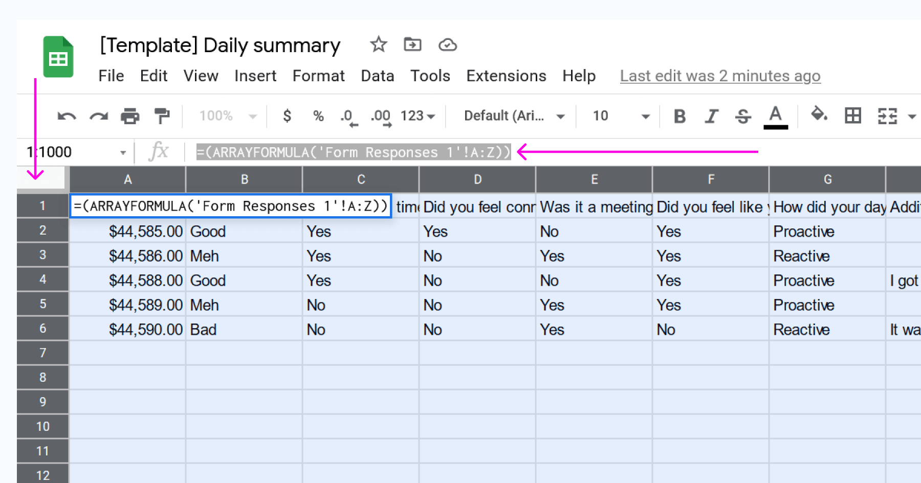 Formula to spreadsheet for no-code tracking app