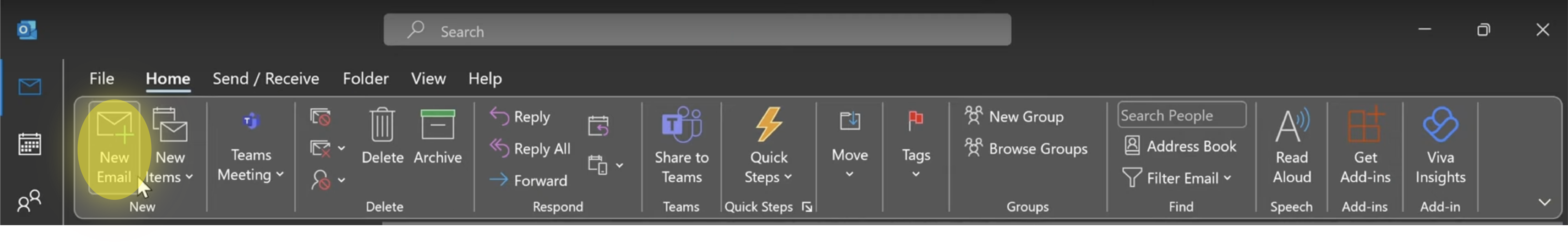 Microsoft Outlook home tab with "New Email" icon highlighted