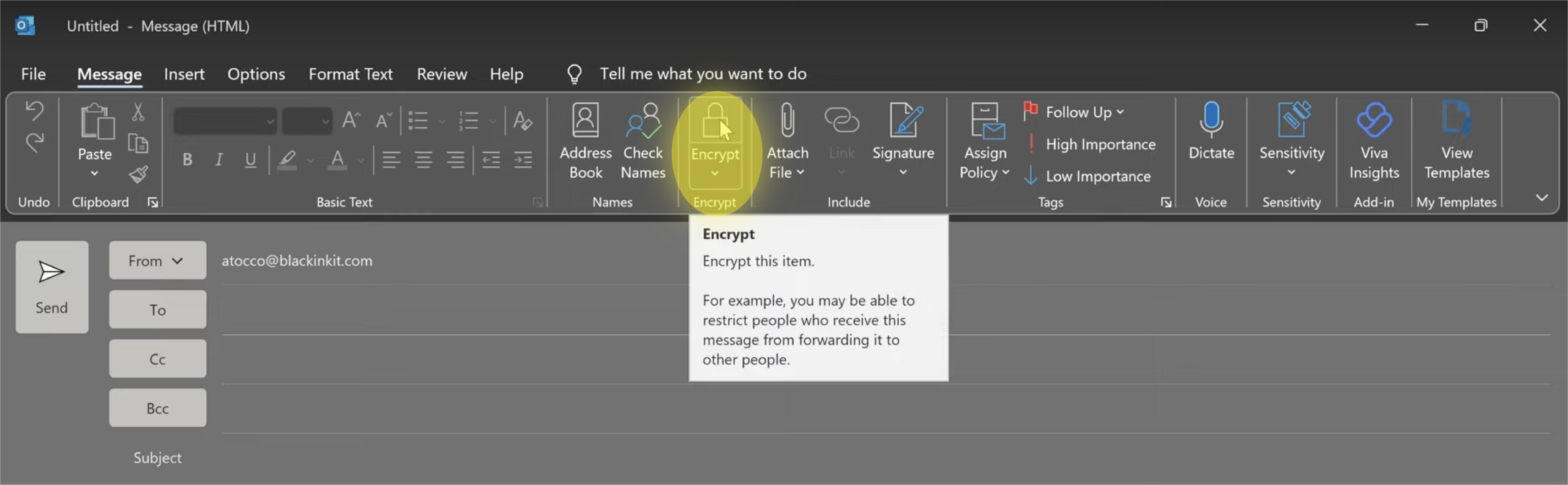 Microsoft Outlook message tab with Encrypt icon highlighted.