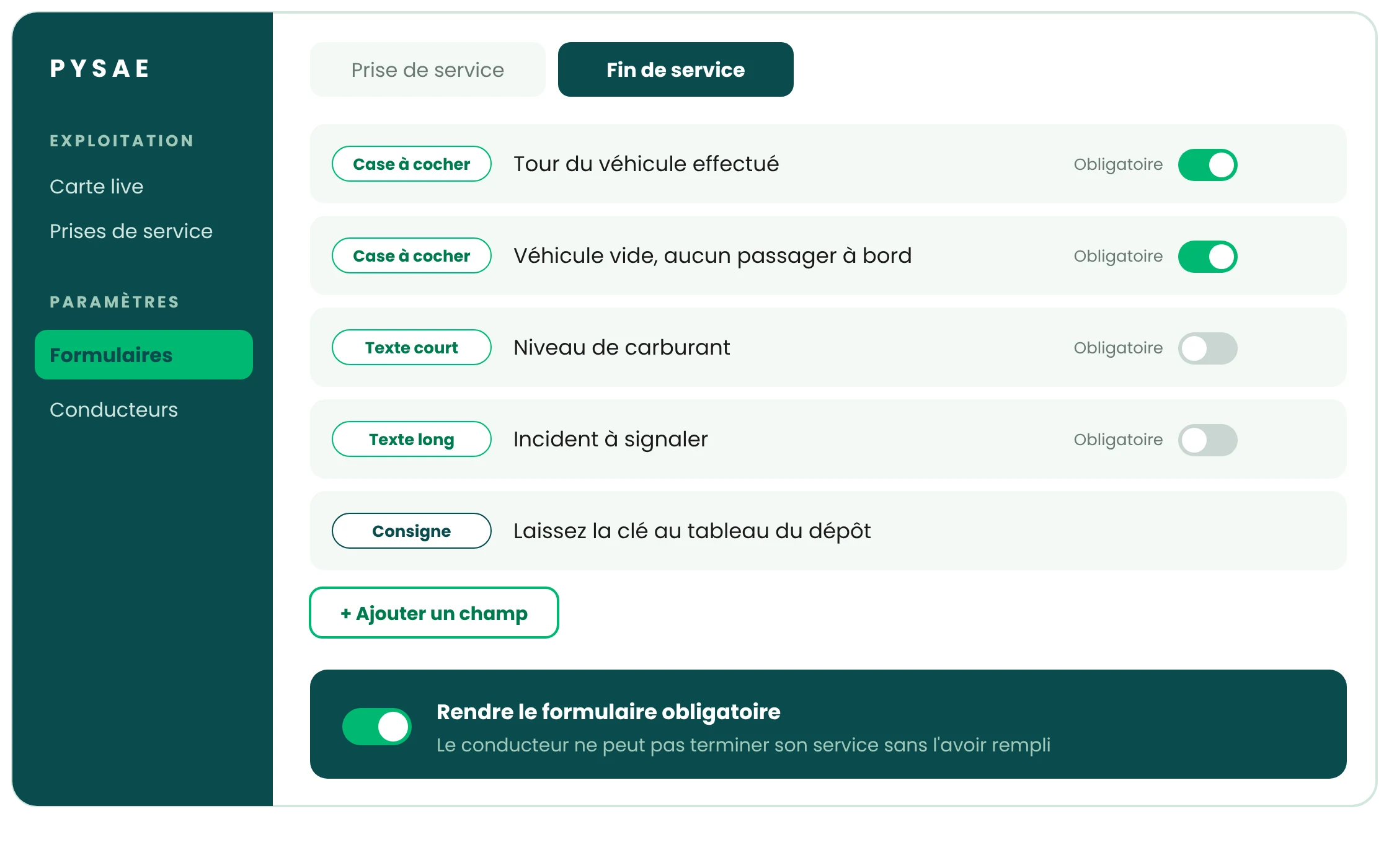 Back-office Pysae : éditeur de formulaire de fin de service avec cases à cocher, textes, consignes, champs obligatoires et option de rendre le formulaire obligatoire