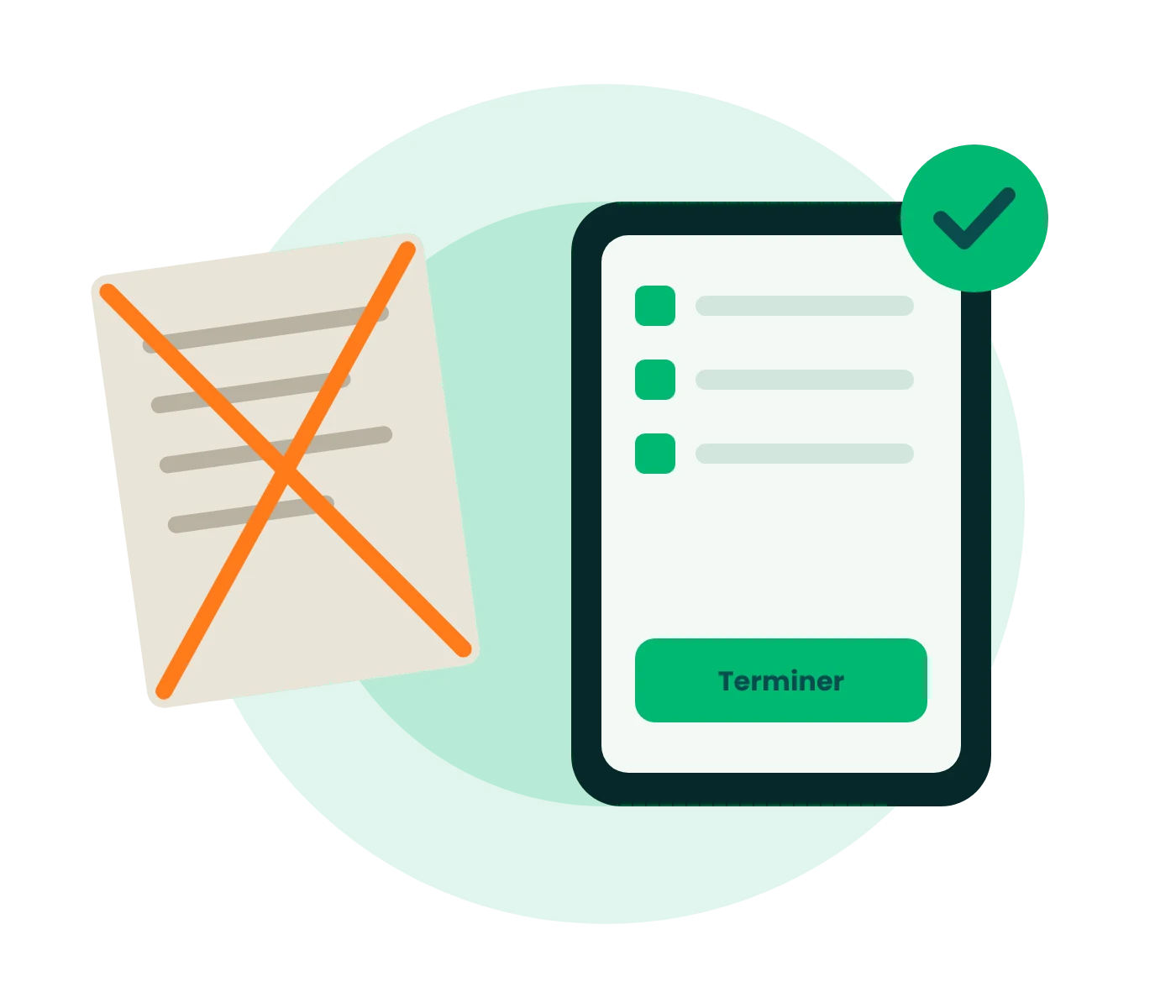 Checklist papier barrée remplacée par un formulaire validé sur tablette