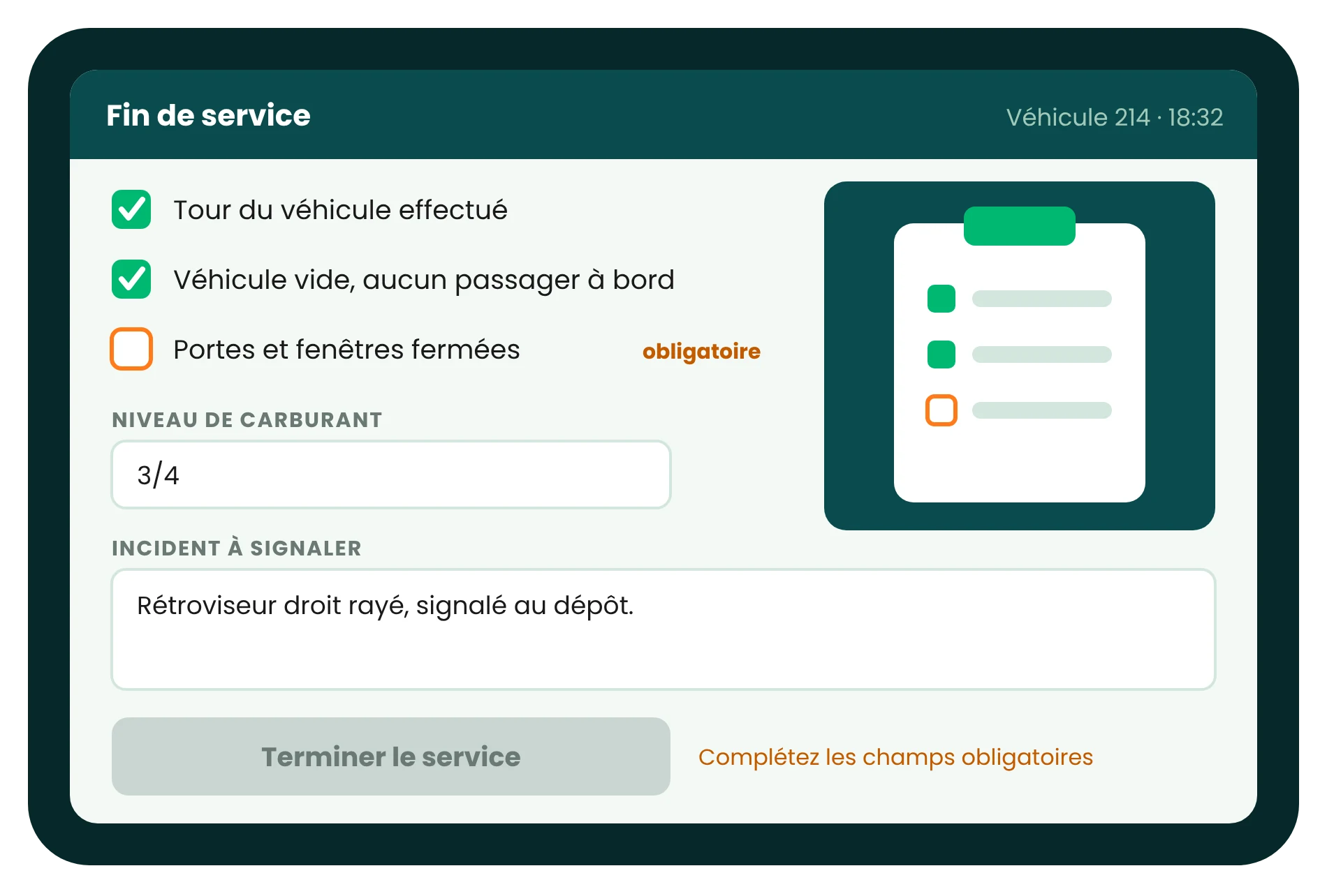 Application conducteur Pysae : formulaire de fin de service avec cases à cocher et champs texte, le bouton Terminer le service reste grisé tant qu'un champ obligatoire manque