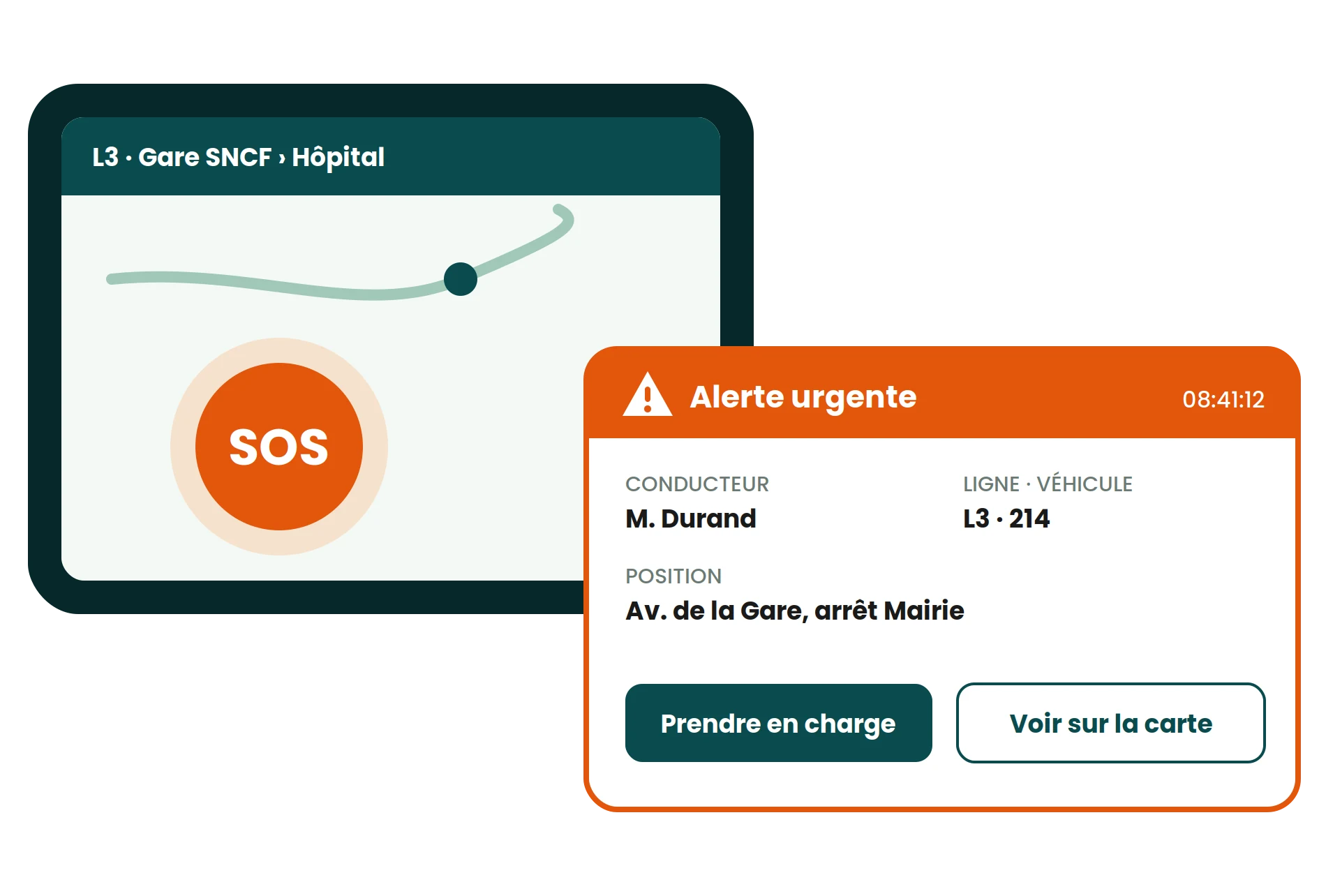 Tablette conducteur avec bouton SOS et fenêtre d'alerte urgente dans le back-office Pysae