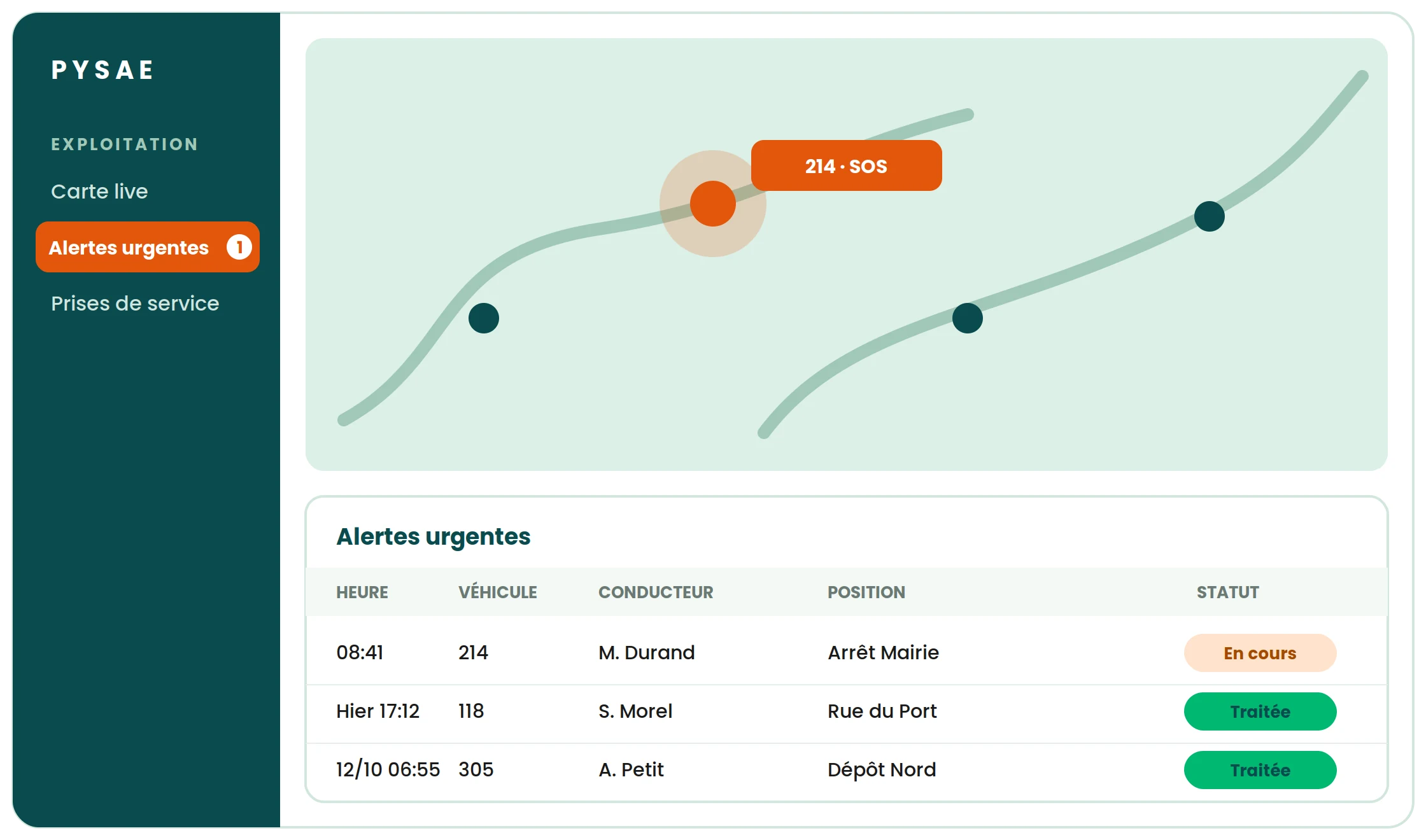 Back-office Pysae : véhicule en alerte sur la carte et historique des alertes urgentes avec statuts