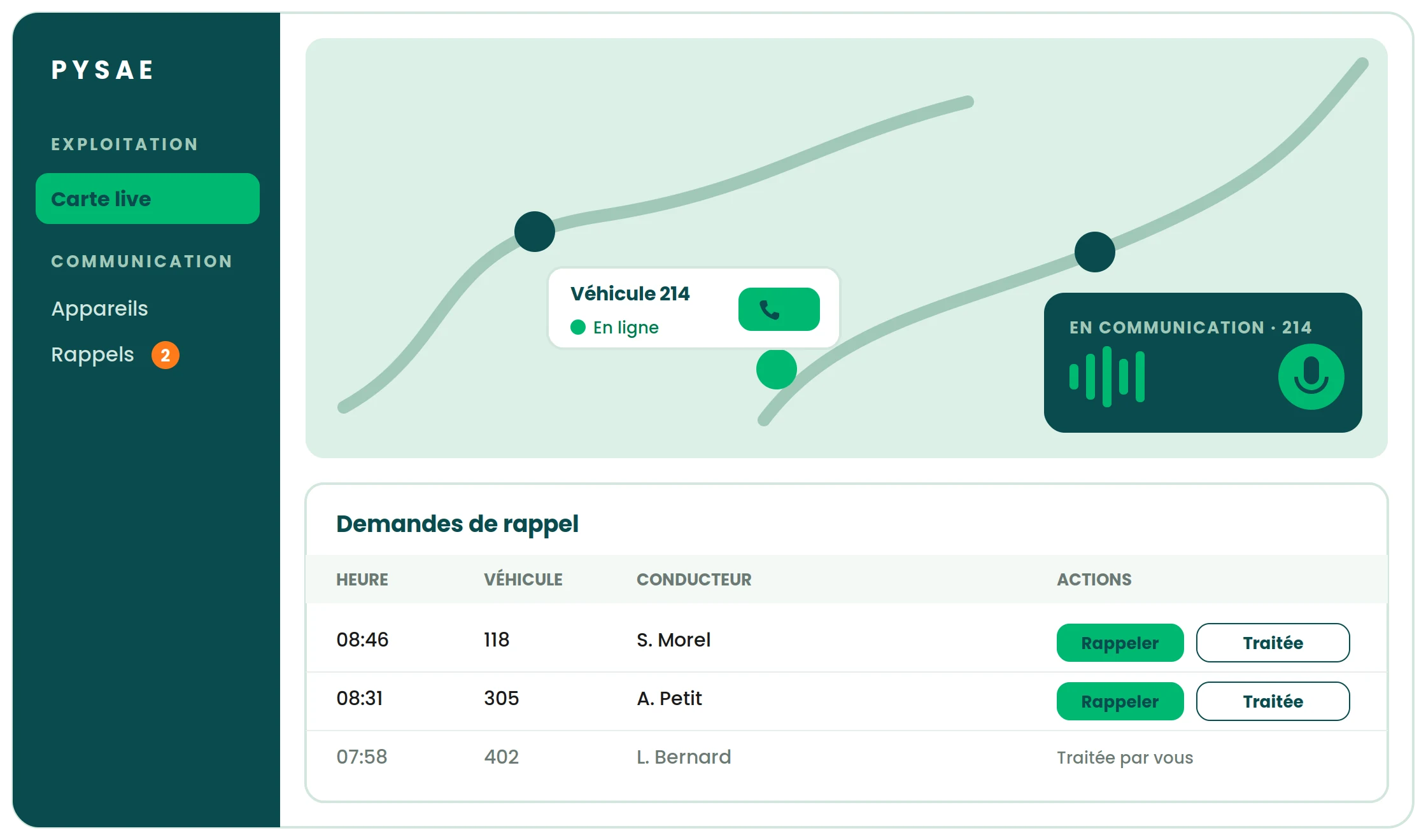 Back-office Pysae : appel depuis la carte, fenêtre talkie-walkie et liste des demandes de rappel
