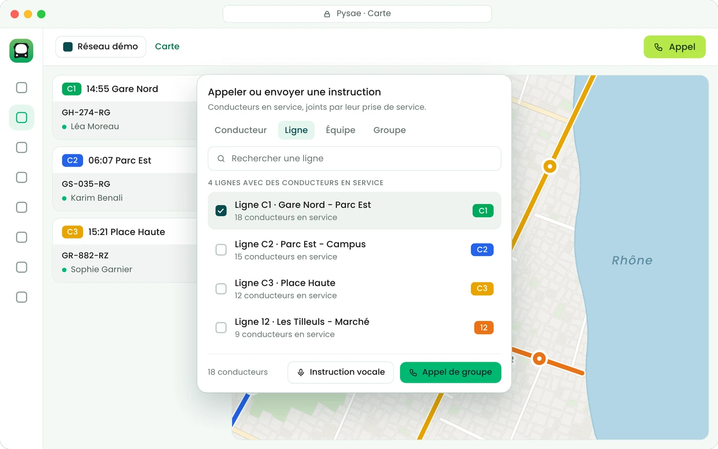 Back-office Pysae : carte des véhicules et panneau pour appeler un conducteur ou une ligne, avec instruction vocale et appel de groupe