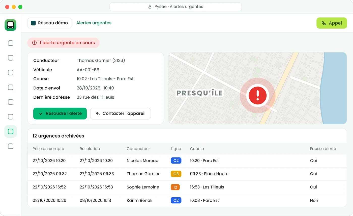 Tablette conducteur avec bouton SOS et fenêtre d'alerte urgente dans le back-office Pysae