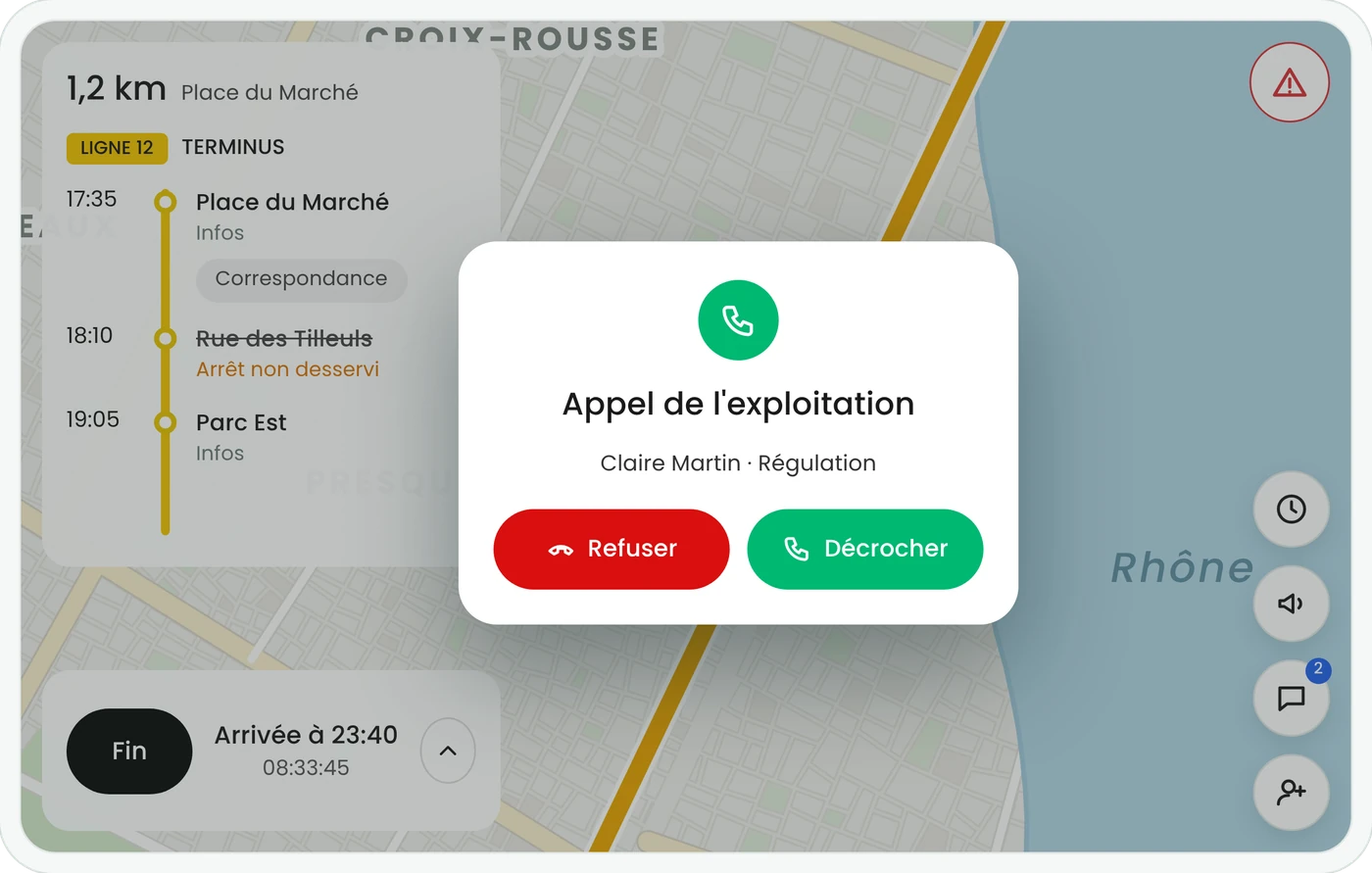Tablette conducteur Pysae : appel entrant de l'exploitation avec les boutons Refuser et Décrocher