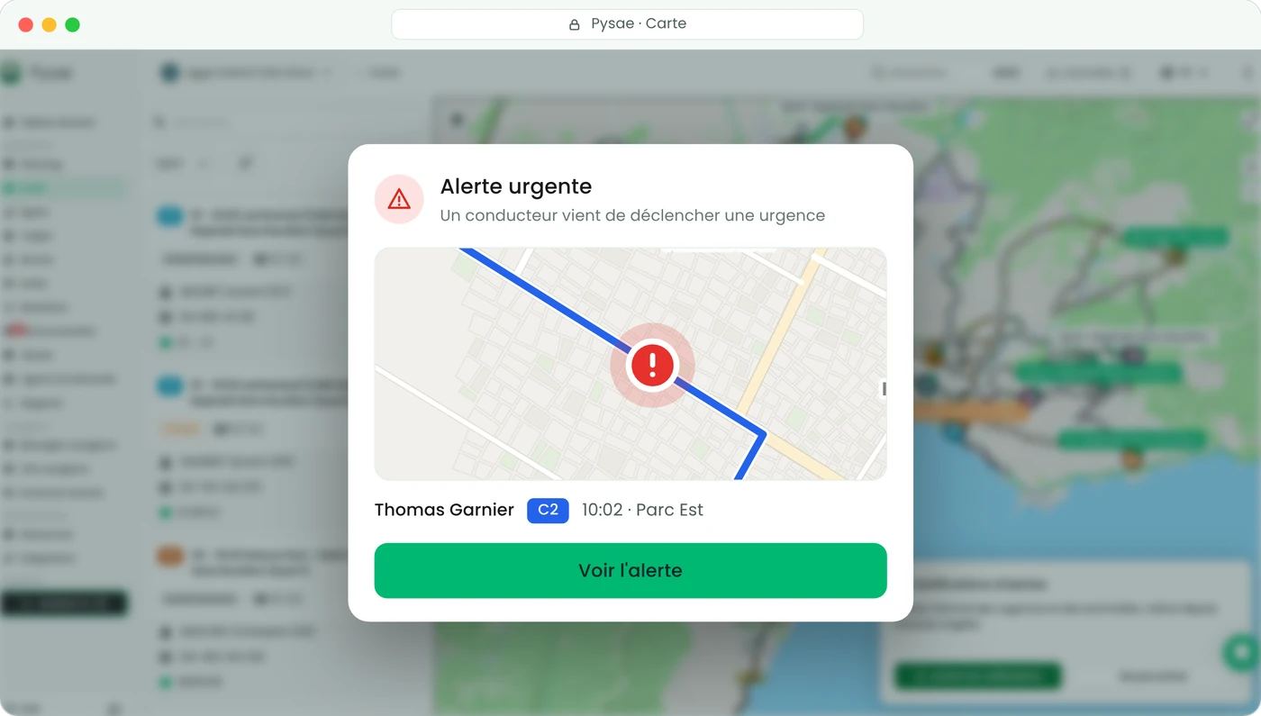 Back-office Pysae : véhicule en alerte sur la carte et historique des alertes urgentes avec statuts