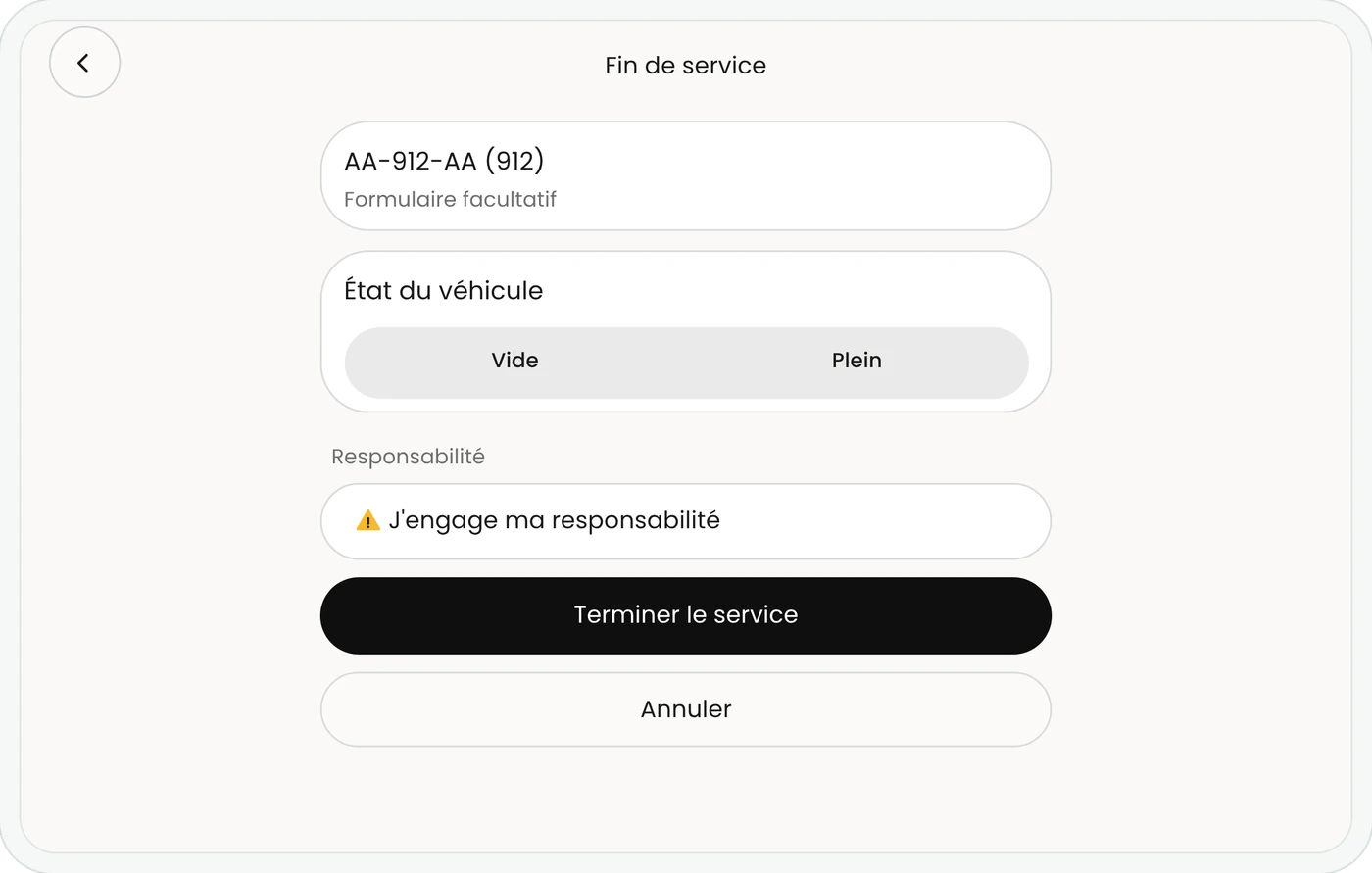 Application conducteur Pysae : formulaire de fin de service avec cases à cocher et champs texte, le bouton Terminer le service reste grisé tant qu'un champ obligatoire manque