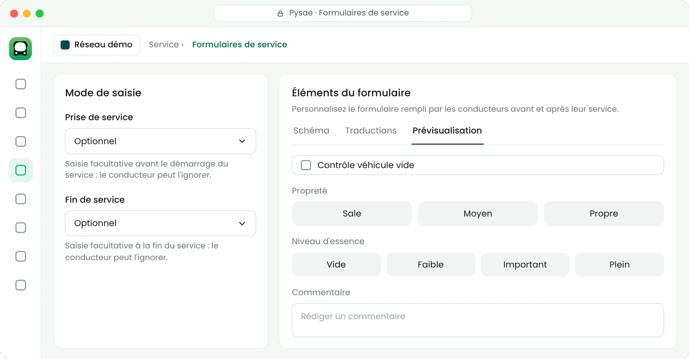 Back-office Pysae : éditeur de formulaire de fin de service avec cases à cocher, textes, consignes, champs obligatoires et option de rendre le formulaire obligatoire