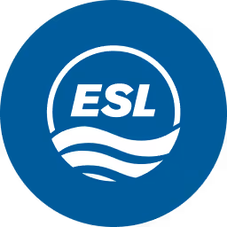 Circular blue logo with white text 'ESL' above three curved wave lines inside a white ring.