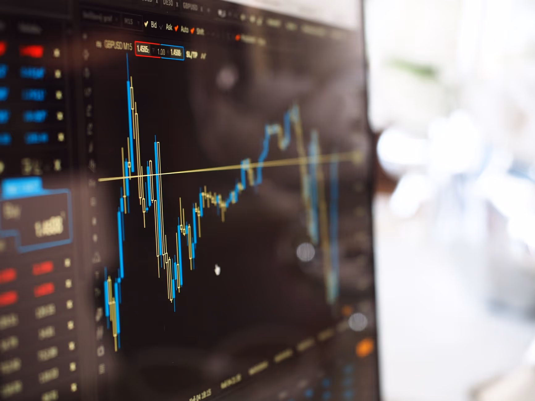 Close-up of a computer screen displaying a GBP/USD currency trading chart with candlestick graph and price data.