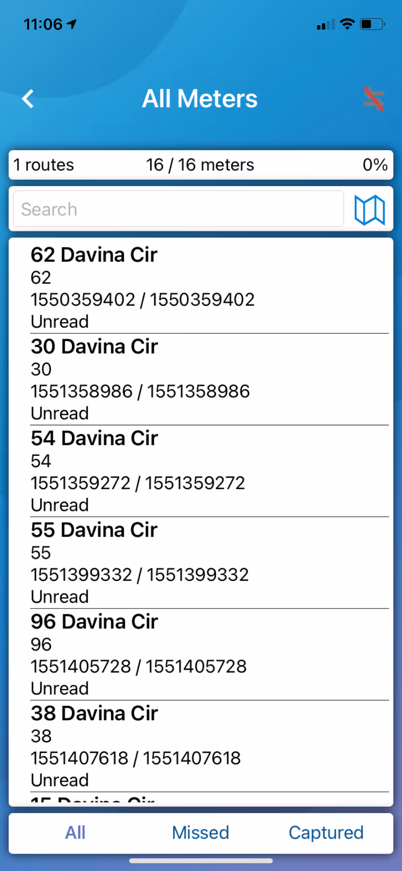 Mobile app screen showing a list of 16 unread utility meters all located on Davina Cir, with meter numbers, IDs, and status unread.