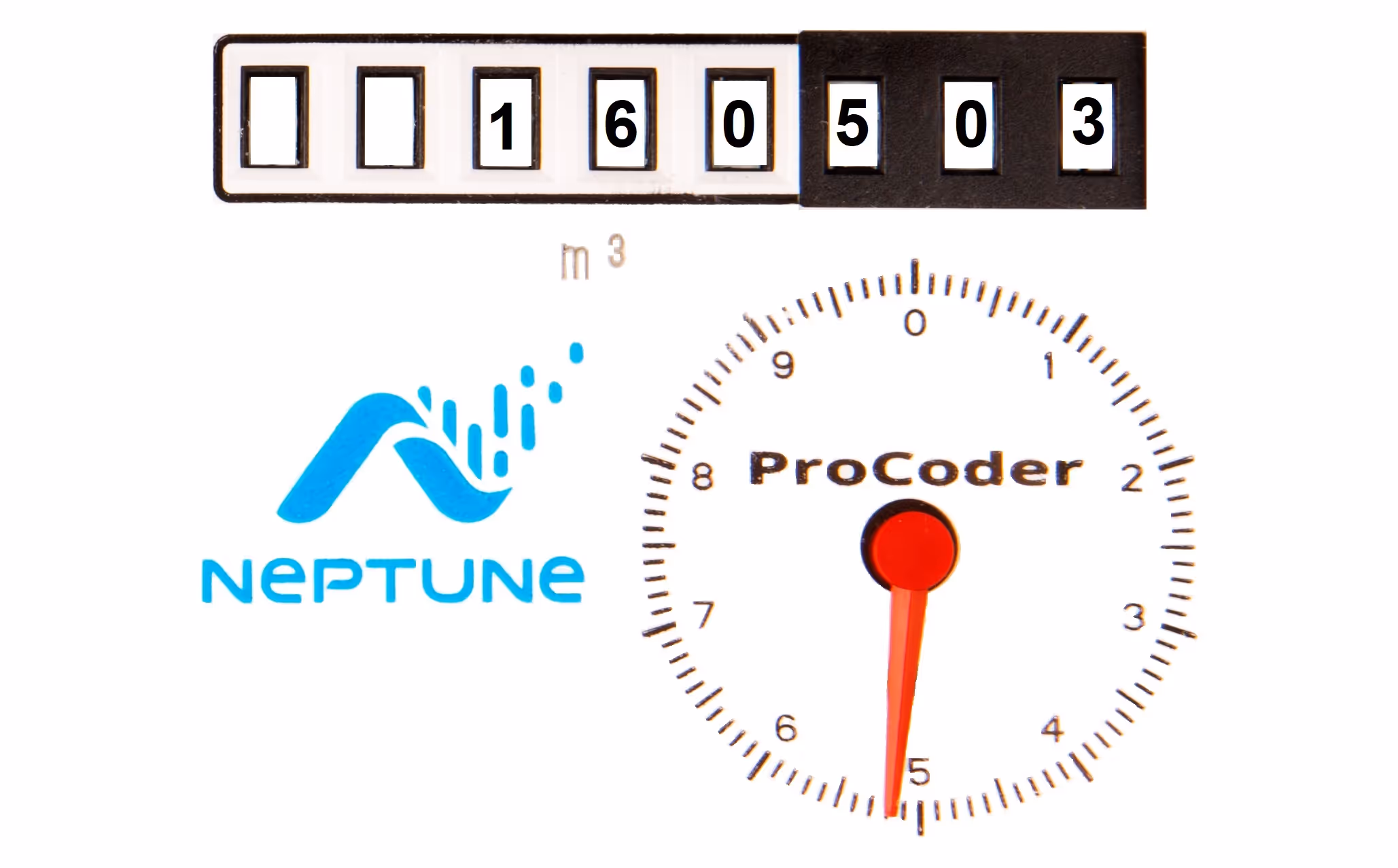 Close-up of a Neptune ProCoder water meter showing a reading of 160503 cubic meters with a red dial pointer at 5.