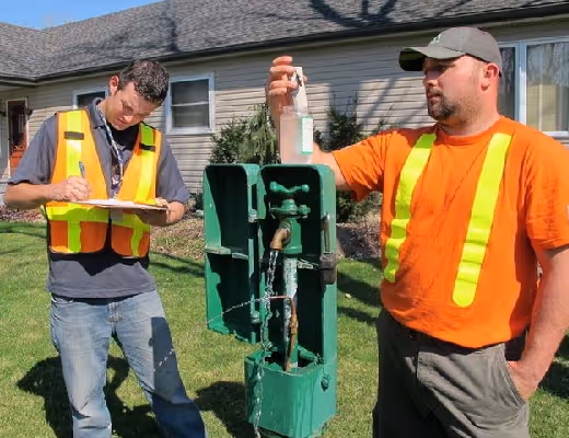 Two workers in safety vests collecting and recording groundwater sample from an outdoor water pump.