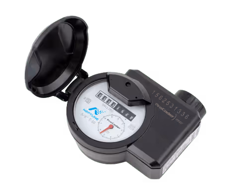 Black Neptune ProCoder water meter with an open protective lid showing the dial and numeric display.