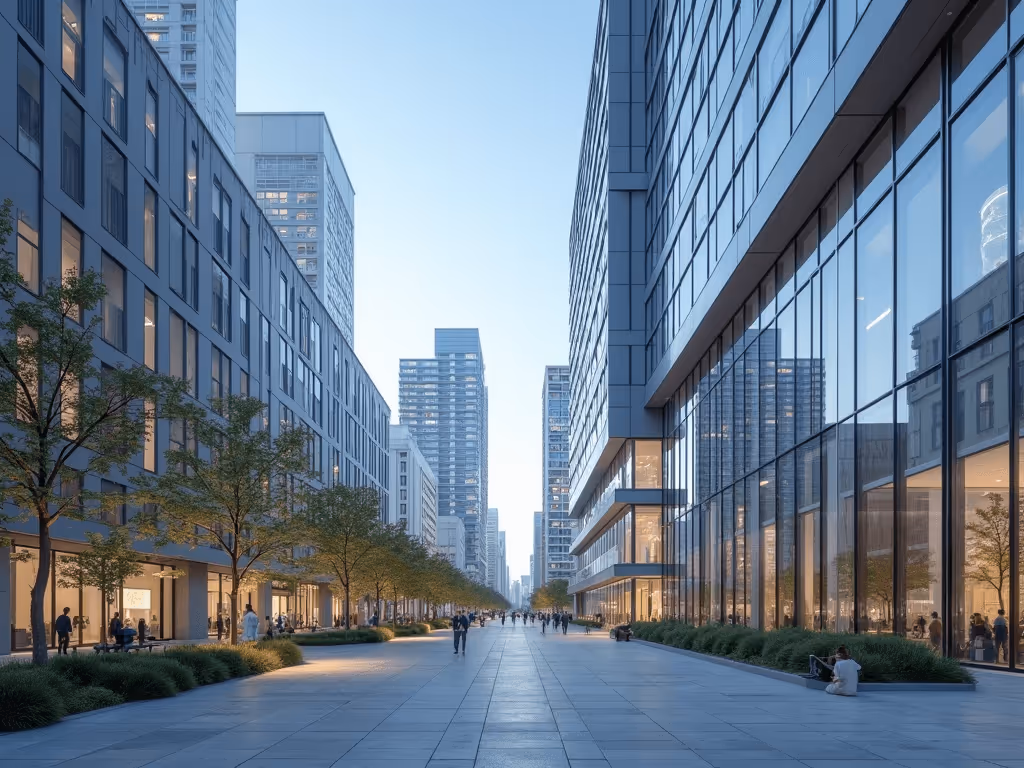 Wide pedestrian walkway lined with modern glass and concrete buildings and trees during early evening.