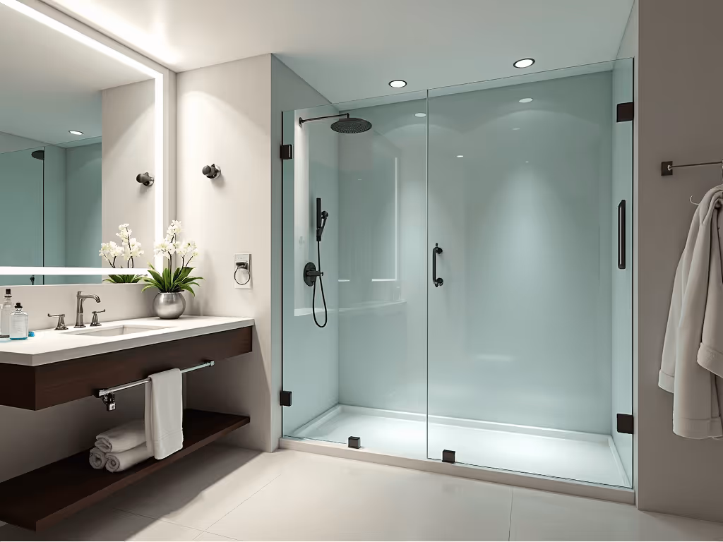 Modern bathroom with a glass-enclosed shower, large mirror with backlighting, and a vanity holding white towels and a potted orchid.