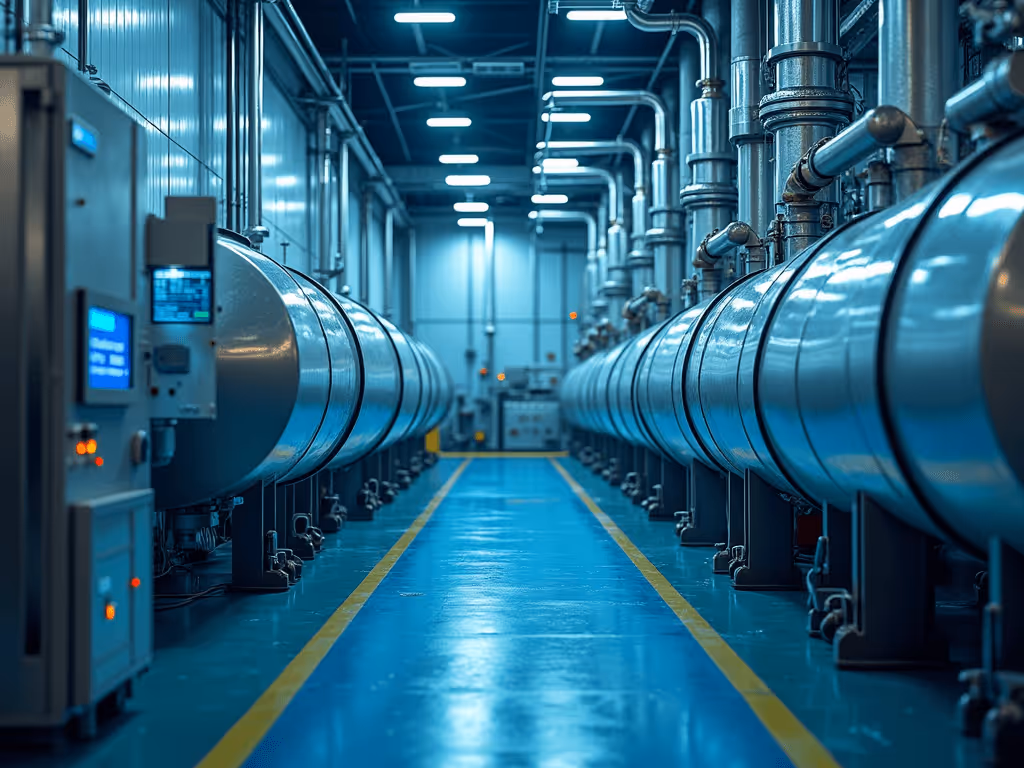 Industrial facility interior with parallel rows of large cylindrical metal tanks and pipes on a polished blue floor.