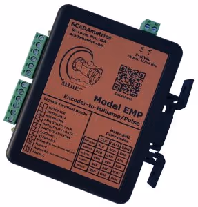 Black rectangular SCADAmetrics Model EMP device with green terminal blocks on sides and a brown label detailing specifications and connection diagram.