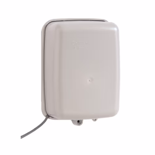 Beige wall-mounted rectangular enclosure with rounded edges and a cable extending from the bottom left.