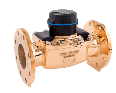 Brass Neptune Mach 10 flow meter with flanged pipe connections and digital sensor on top.