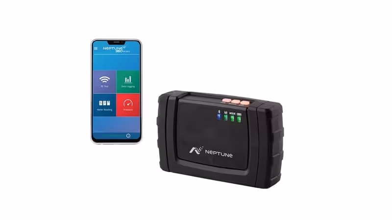Neptune branded black electronic device with indicator lights next to smartphone showing Neptune 360 mobile app interface.
