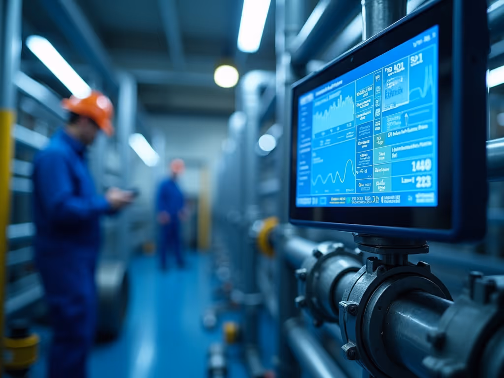 Industrial control panel with digital display showing operational data on pipes in a factory setting with workers in blue uniforms and orange helmets.
