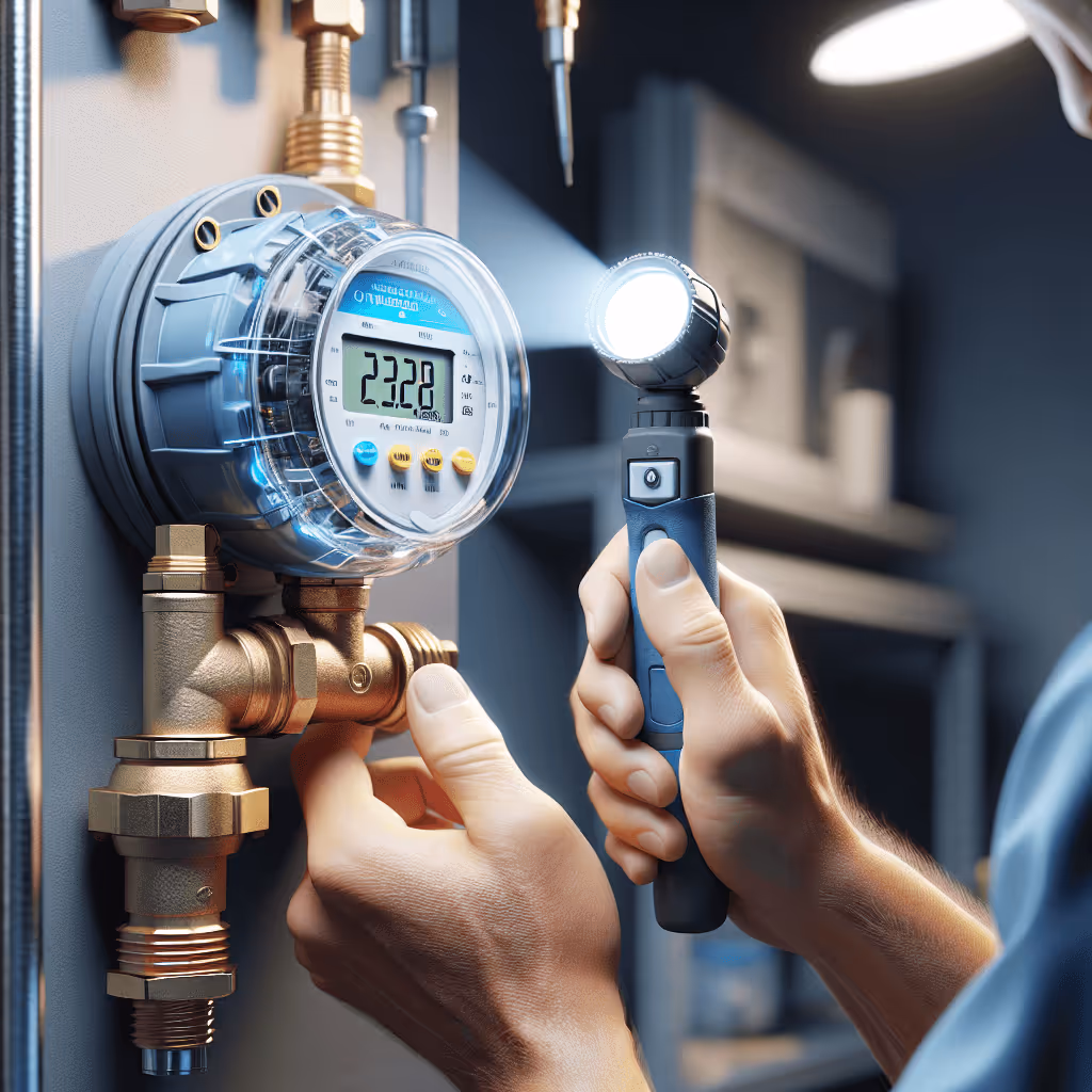 Hands holding a flashlight inspecting a digital water meter displaying the reading 2328.