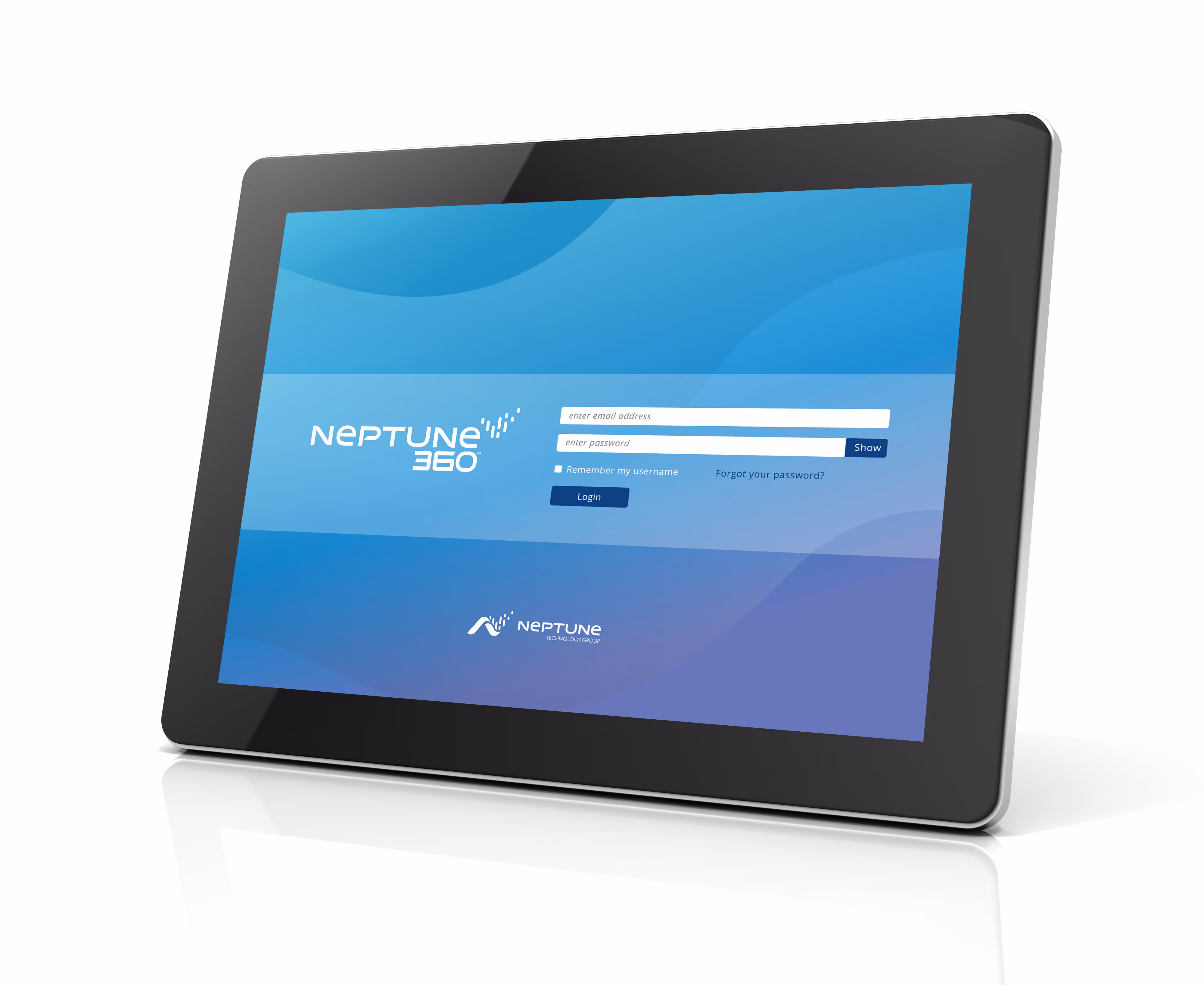 Tablet displaying Neptune 360 login screen with fields for email, password, and login options.