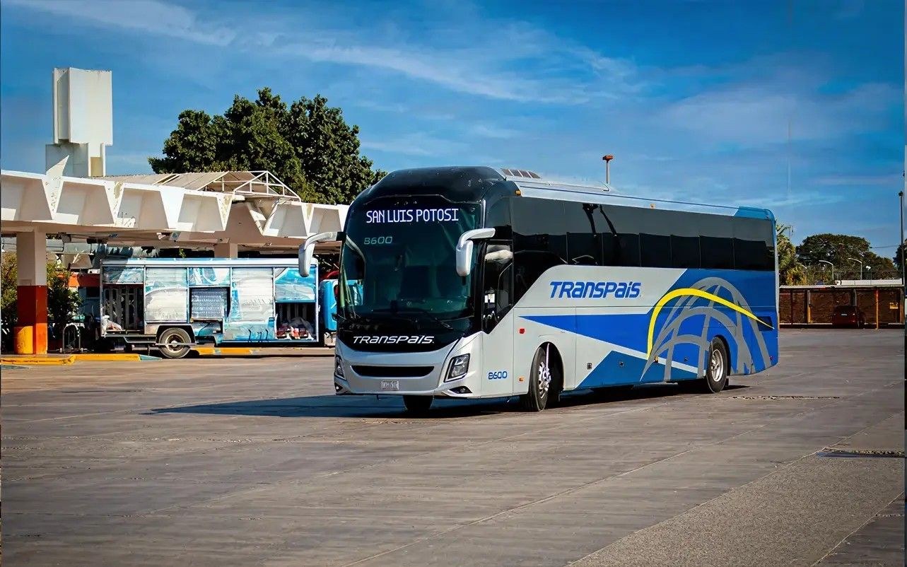 A Transpais coach bound for San Luis Potosí waits at a Transpais terminal