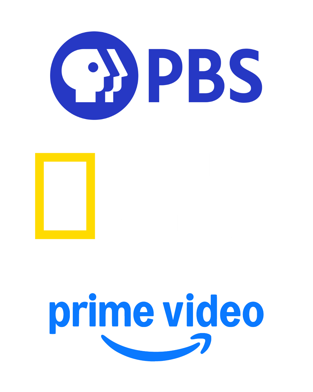 Logos of PBS, National Geographic Channel, and Amazon Prime Video stacked vertically on a black background.