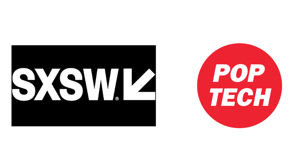 SXSW logo in white with a downward arrow next to PopTech text in white inside a red circle, on a black background.