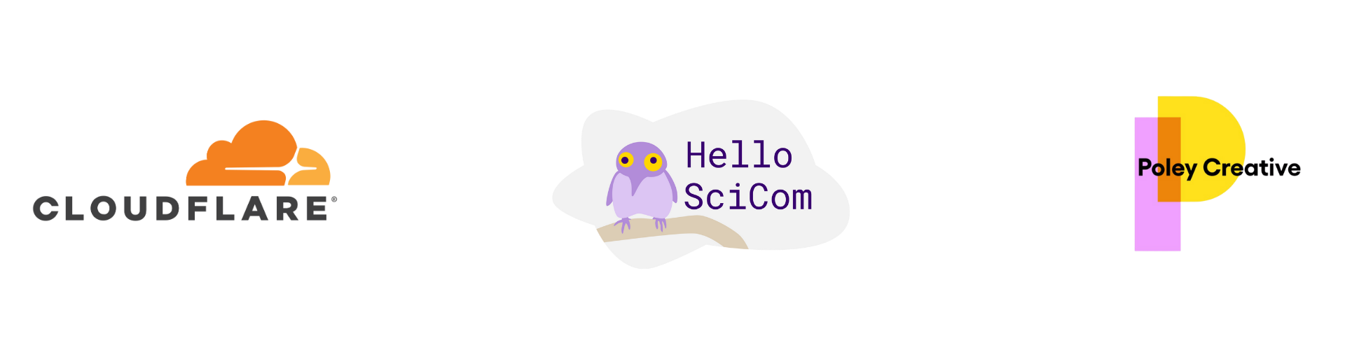 Hello SciCom logo featuring a small purple pootoo bird on a branch beside text, next to the Robert Wood Johnson Foundation logo.